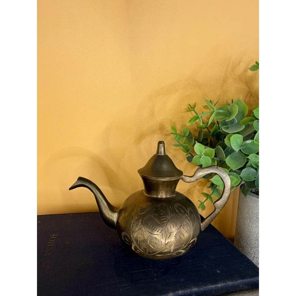 Vintage Etched Brass Mini Teapot Decorative Hand Crafted Floral Design with Lid